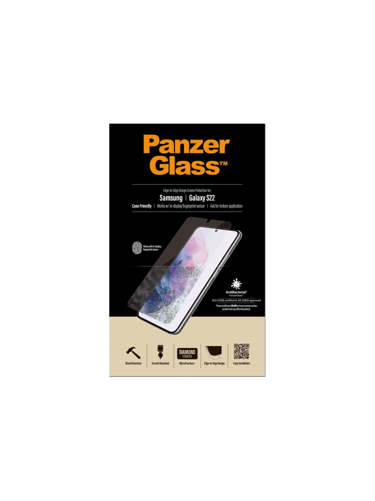 PanzerGlass | Samsung | Galaxy S22 | Tempered glass | Transparent | Case friendly. Compatible with ultrasonic fingerprint sensor. 100 % touch sensitivity. Antibacterial (ISO 22196 certified & JIS 22810 approved) | Screen Protector 6