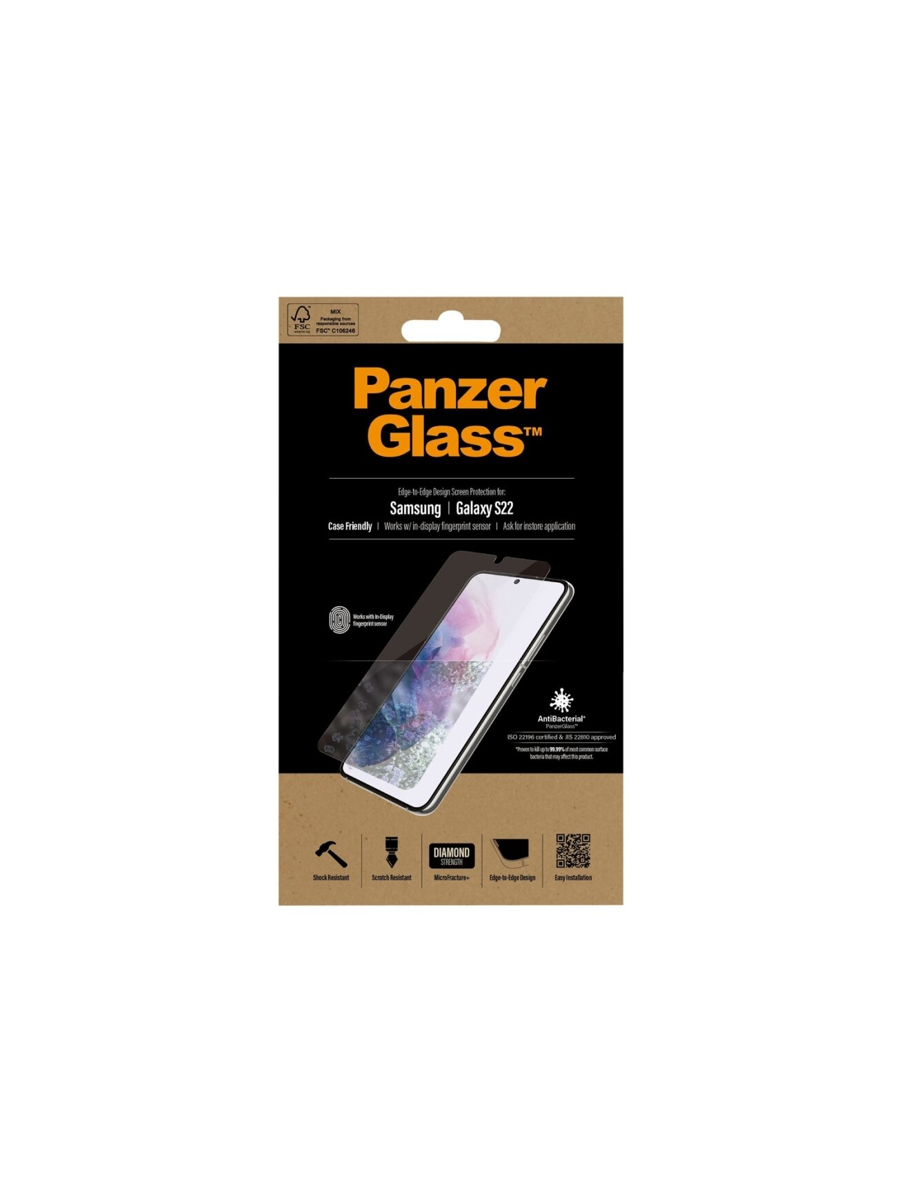 PanzerGlass | Samsung | Galaxy S22 | Tempered glass | Transparent | Case friendly. Compatible with ultrasonic fingerprint sensor. 100 % touch sensitivity. Antibacterial (ISO 22196 certified & JIS 22810 approved) | Screen Protector 7 PanzerGlass | Samsung | Galaxy S22 | Tempered glass | Transparent | Case friendly. Compatible with ultrasonic fingerprint sensor. 100 % touch sensitivity. Antibacterial (ISO 22196 certified & JIS 22810 approved) | Screen Protector 7