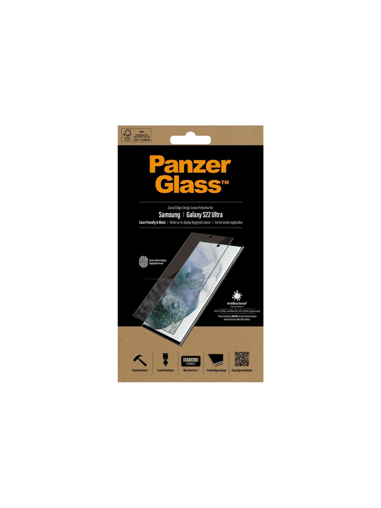 PanzerGlass | Samsung | Galaxy S22 Ultra | Tempered glass | Black | Case friendly. Compatible with ultrasonic fingerprint sensor. 100 % touch sensitivity. Antibacterial (ISO 22196 certified & JIS 22810 approved) | Screen Protector 6