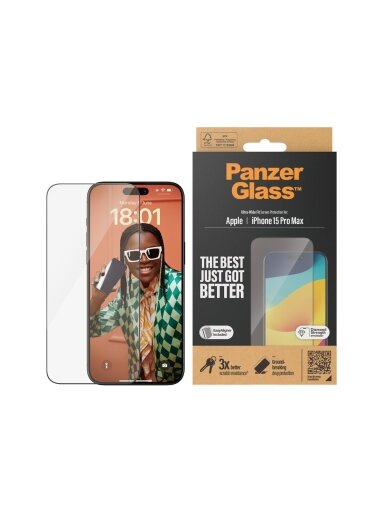 PanzerGlass | Screen protector | Apple | IPhone 15 Pro Max | Glass | Transparent | Ultra-wide fit, Scratch resistant, Drop protection, EasyAligner included PanzerGlass | Screen protector | Apple | IPhone 15 Pro Max | Glass | Transparent | Ultra-wide fit, Scratch resistant, Drop protection, EasyAligner included