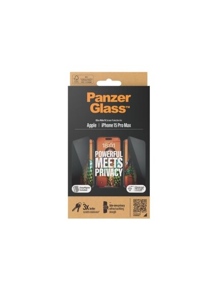 PanzerGlass | Privacy Screen Protector | Apple | iPhone 15 Pro Max | Tempered glass | Black | Ultra-Wide Fit W. Easyaligner 3