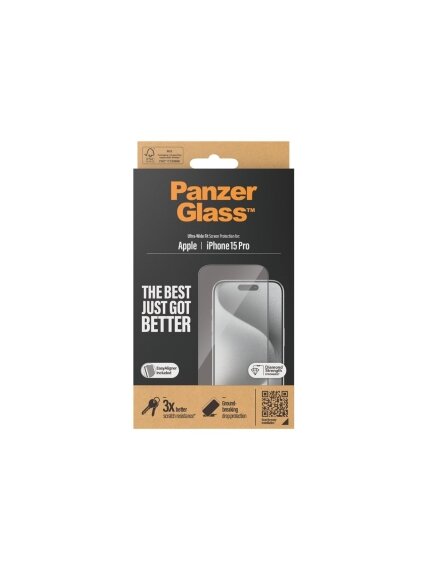 PanzerGlass | Screen protector | Apple | iPhone 15 Pro | Glass | Clear | Easy installation; Fingerprint resistant; Anti-yellowing | Ultra-Wide Fit 3 PanzerGlass | Screen protector | Apple | iPhone 15 Pro | Glass | Clear | Easy installation; Fingerprint resistant; Anti-yellowing | Ultra-Wide Fit 3