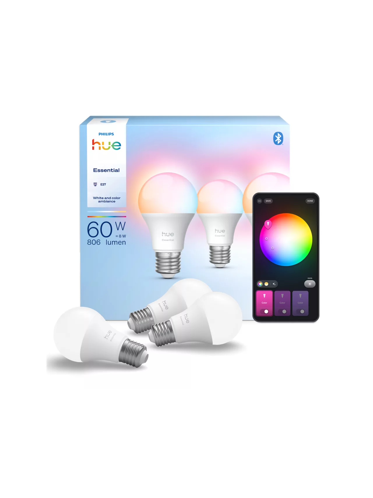 Philips Hue E WCA 806 A60 3P EU | E27 | 8 W | 16 million colours, White and colour light | Bluetooth and Zigbee 2