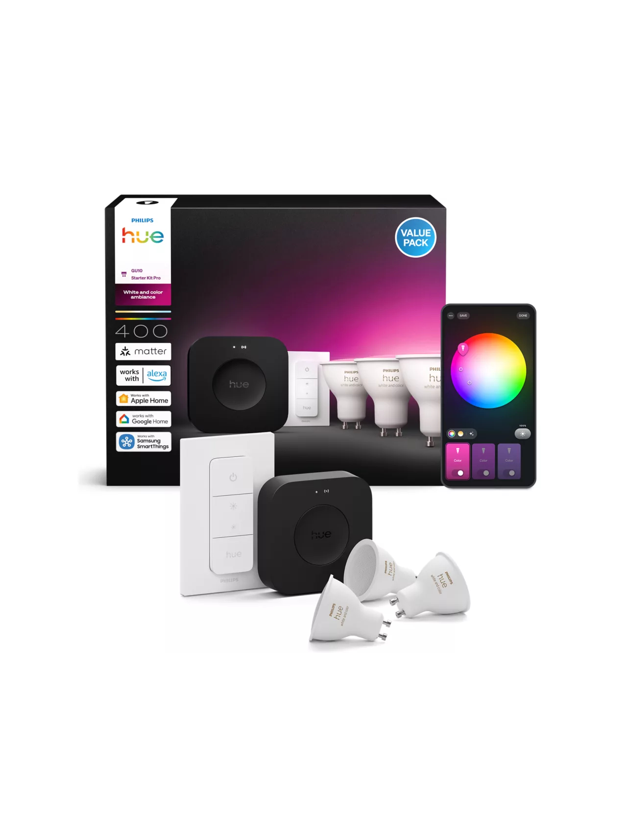 Philips Hue Starter set: 3 GU10 bulbs, dimmer switch, Hue Bridge Pro | GU10 | Zigbee, Wi-Fi, Bluetooth 3 Philips Hue Starter set: 3 GU10 bulbs, dimmer switch, Hue Bridge Pro | GU10 | Zigbee, Wi-Fi, Bluetooth 3
