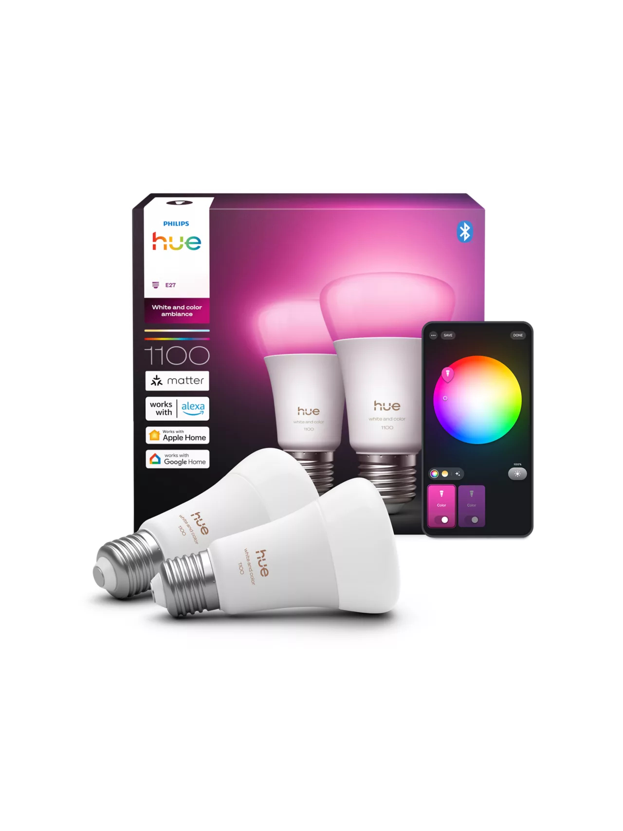 Philips Hue WCA 1100 A60 2P EU | E27 | 8.1 W | White and colour light | Bluetooth and Zigbee 2
