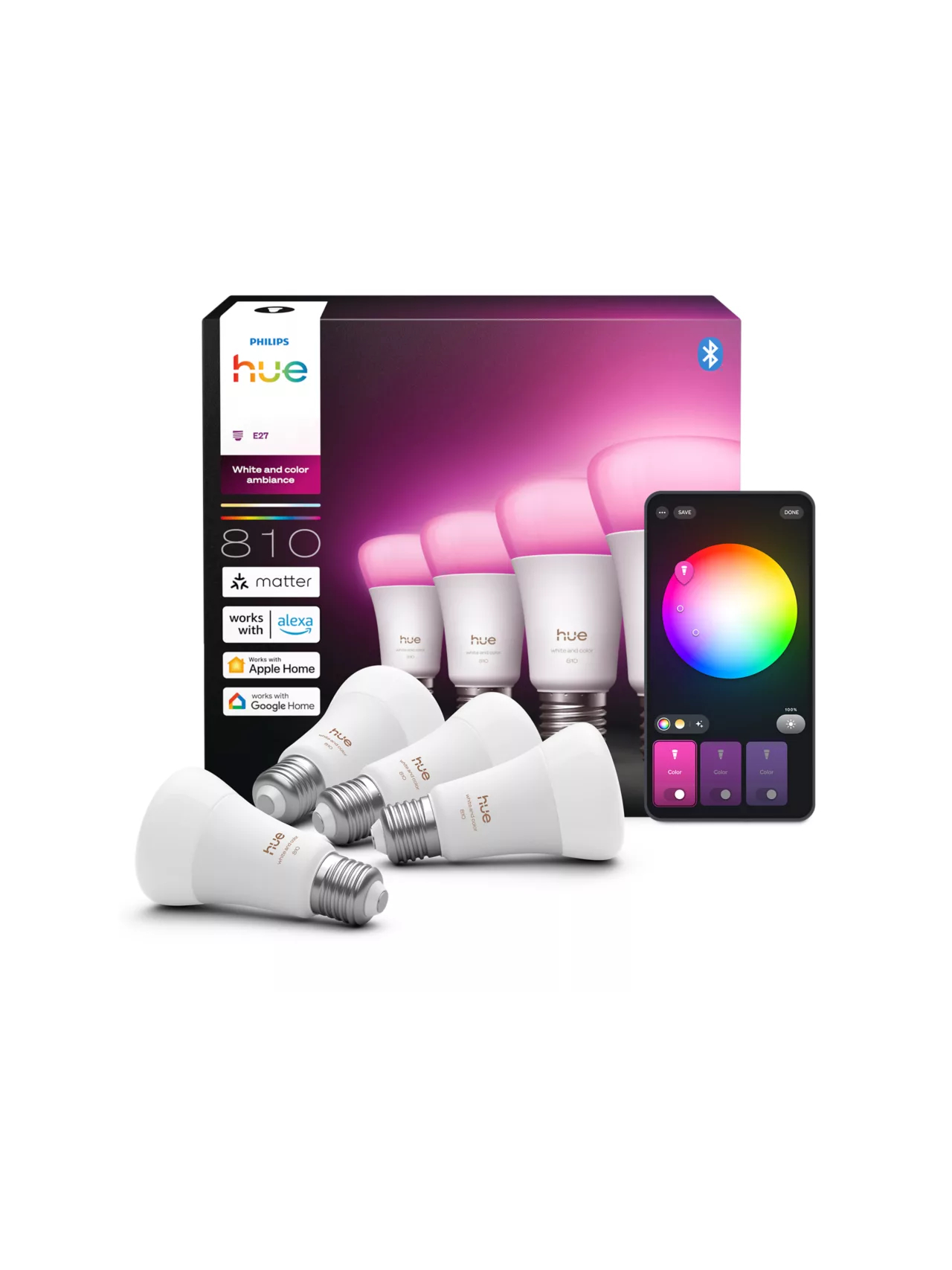 Philips Hue WCA 810 A60 E27 4P EU | E27 | 6 W | White and colour light | Bluetooth and Zigbee 2 Philips Hue WCA 810 A60 E27 4P EU | E27 | 6 W | White and colour light | Bluetooth and Zigbee 2