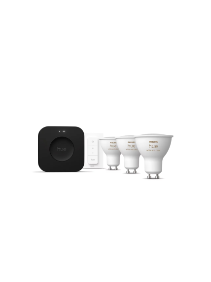 Philips Hue Starter set: 3 GU10 bulbs, dimmer switch, Hue Bridge Pro | GU10 | Zigbee, Wi-Fi, Bluetooth 1 Philips Hue Starter set: 3 GU10 bulbs, dimmer switch, Hue Bridge Pro | GU10 | Zigbee, Wi-Fi, Bluetooth 1