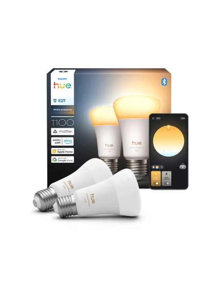 Philips Hue WA 1100 A60 2P EU | E27 | 8.1 W | Warm to cool white light | Bluetooth and Zigbee 2