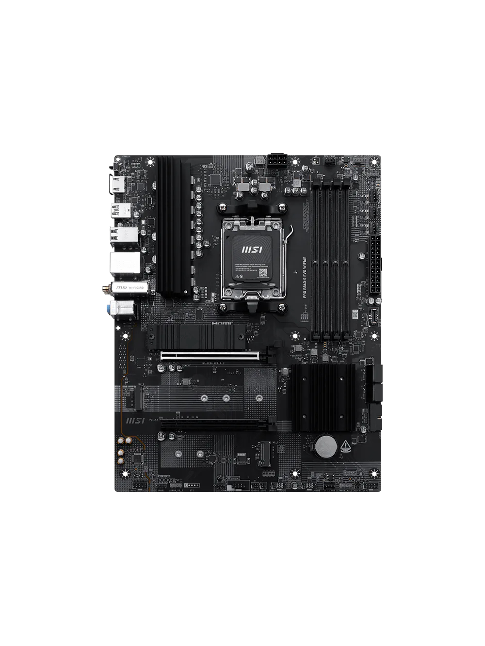 PRO B840-S EVO WIFI6E | MSI Processor family AMD | Processor socket AM5 | Supported hard disk drive interfaces SATA, M.2 | Number of SATA connectors 4