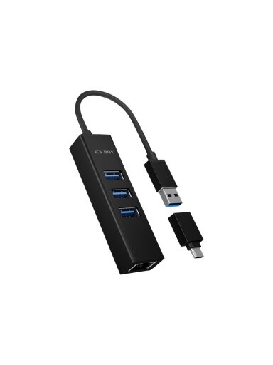 Raidsonic | 4 Port Hub with USB 3.0 Type-A, Type-C, Gigabit LAN | Icy Box IB-HUB1419-LAN