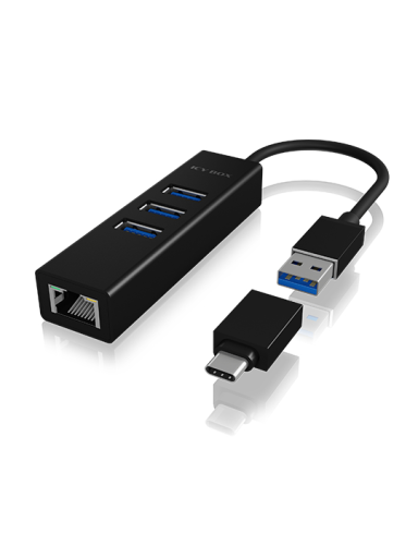 Raidsonic | 4 Port Hub with USB 3.0 Type-A, Type-C, Gigabit LAN | Icy Box IB-HUB1419-LAN