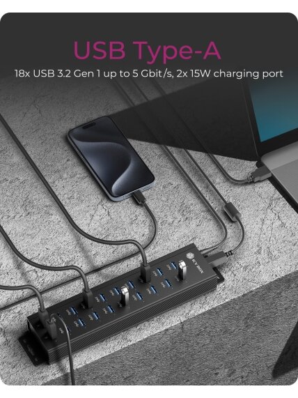 Raidsonic | 20-in-1 USB HUB with power supply, on/off button and mounting brackets | IB-HUB1720-U3 4
