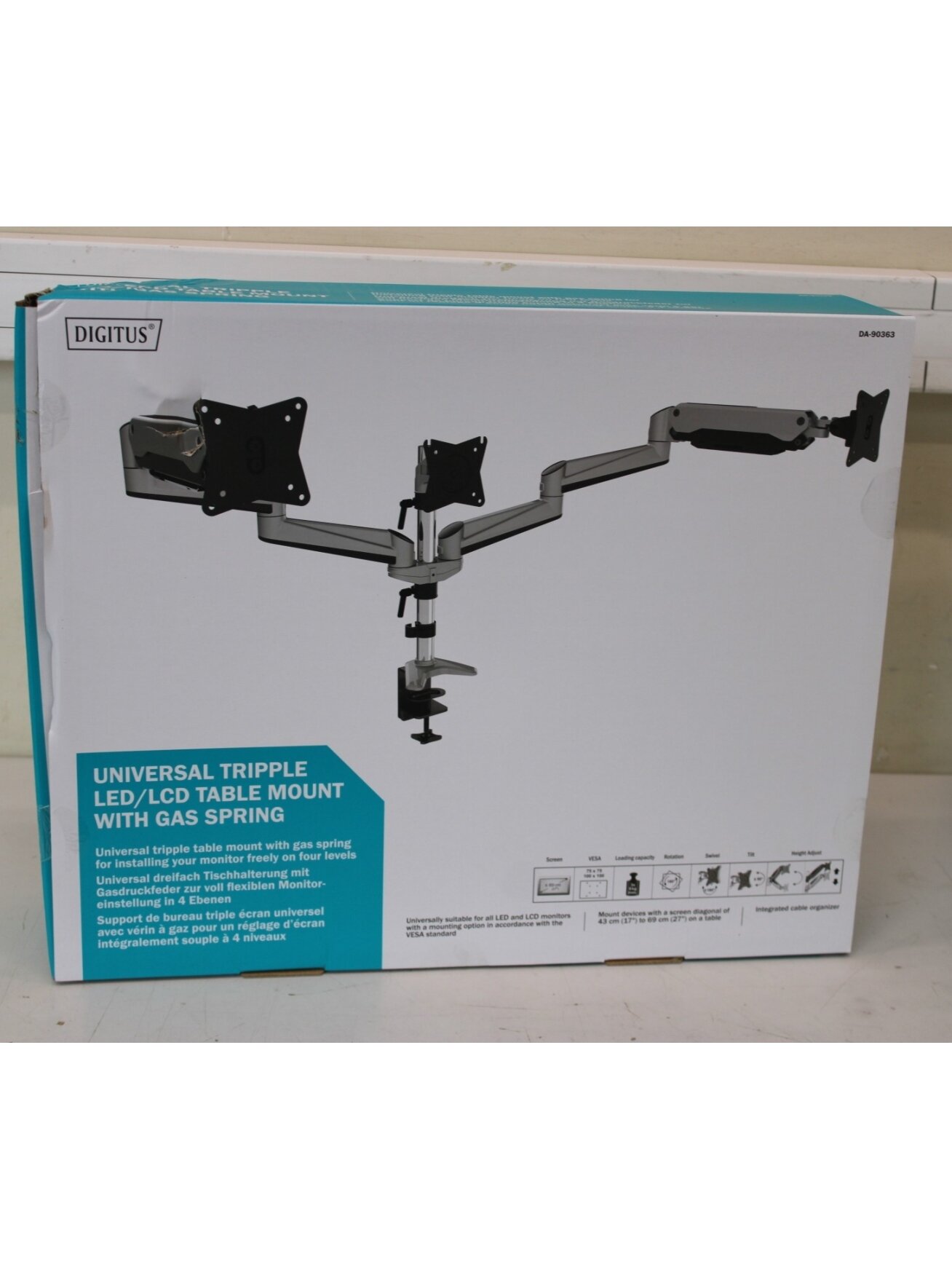 SALE OUT. DIGITUS Triple monitor mount, 3x 27", 3x 6 kg | Digitus Desk Mount | Triple Monitor Gas Spring Mount DA-90363 | Adjustable Height, Tilt, Swivel | 15-27 " | Maximum weight (capacity) 3x6 kg | DAMAGED PACKAGING | Silver SALE OUT. DIGITUS Triple monitor mount, 3x 27", 3x 6 kg | Digitus Desk Mount | Triple Monitor Gas Spring Mount DA-90363 | Adjustable Height, Tilt, Swivel | 15-27 " | Maximum weight (capacity) 3x6 kg | DAMAGED PACKAGING | Silver