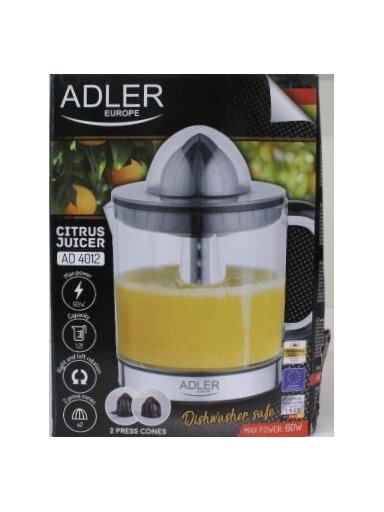SALE OUT. Adler AD 4012 Citrus Juicer, 2 Pressing Cups for Big and Small Citrus Fruits, 40W, Black | Adler Citrus Juicer | AD 4012 | Type Citrus juicer | Black | 40 W | Number of speeds 1 | DAMAGED PACKAGING SALE OUT. Adler AD 4012 Citrus Juicer, 2 Pressing Cups for Big and Small Citrus Fruits, 40W, Black | Adler Citrus Juicer | AD 4012 | Type Citrus juicer | Black | 40 W | Number of speeds 1 | DAMAGED PACKAGING