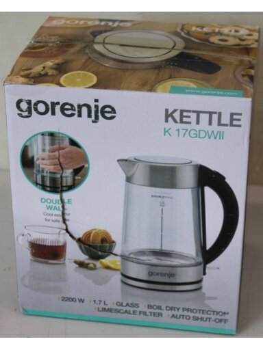 SALE OUT. Gorenje K17GDWII Kettle, Electric, Capacity 1.7 L, Power 2200 W, Stainless steel | SALE OUT. | Gorenje Kettle | K17GDWII | 2200 W | Electric | 1.7 L | 360° rotational base | Stainless steel/Glass | Stainless steel/Transparent | DAMAGED PACKAGING SALE OUT. Gorenje K17GDWII Kettle, Electric, Capacity 1.7 L, Power 2200 W, Stainless steel | SALE OUT. | Gorenje Kettle | K17GDWII | 2200 W | Electric | 1.7 L | 360° rotational base | Stainless steel/Glass | Stainless steel/Transparent | DAMAGED PACKAGING