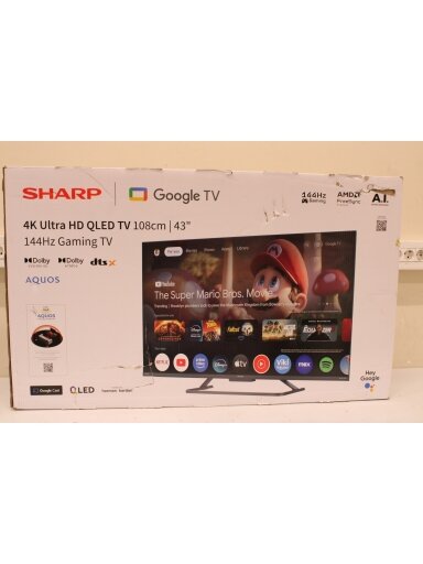 SALE OUT. Sharp 43HR7265E 43" (108cm) QLED 144Hz 4K Ultra HD Google TV, Dolby Vision IQ, Dolby Atmos, Central Stand | SALE OUT. Sharp 43HR7265E | 43 | Smart TV | Google TV | Black | DAMAGED PACKAGING
