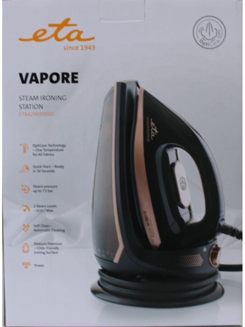 SALE OUT. ETA ETA429090000 Vapore Steam station, 3000 W, Black | ETA Vapore 4290 90000 | Steam Iron | 3000 W | Water tank capacity 1500 ml | Continuous steam 120 g/min | Black | DAMAGED PACKAGING
