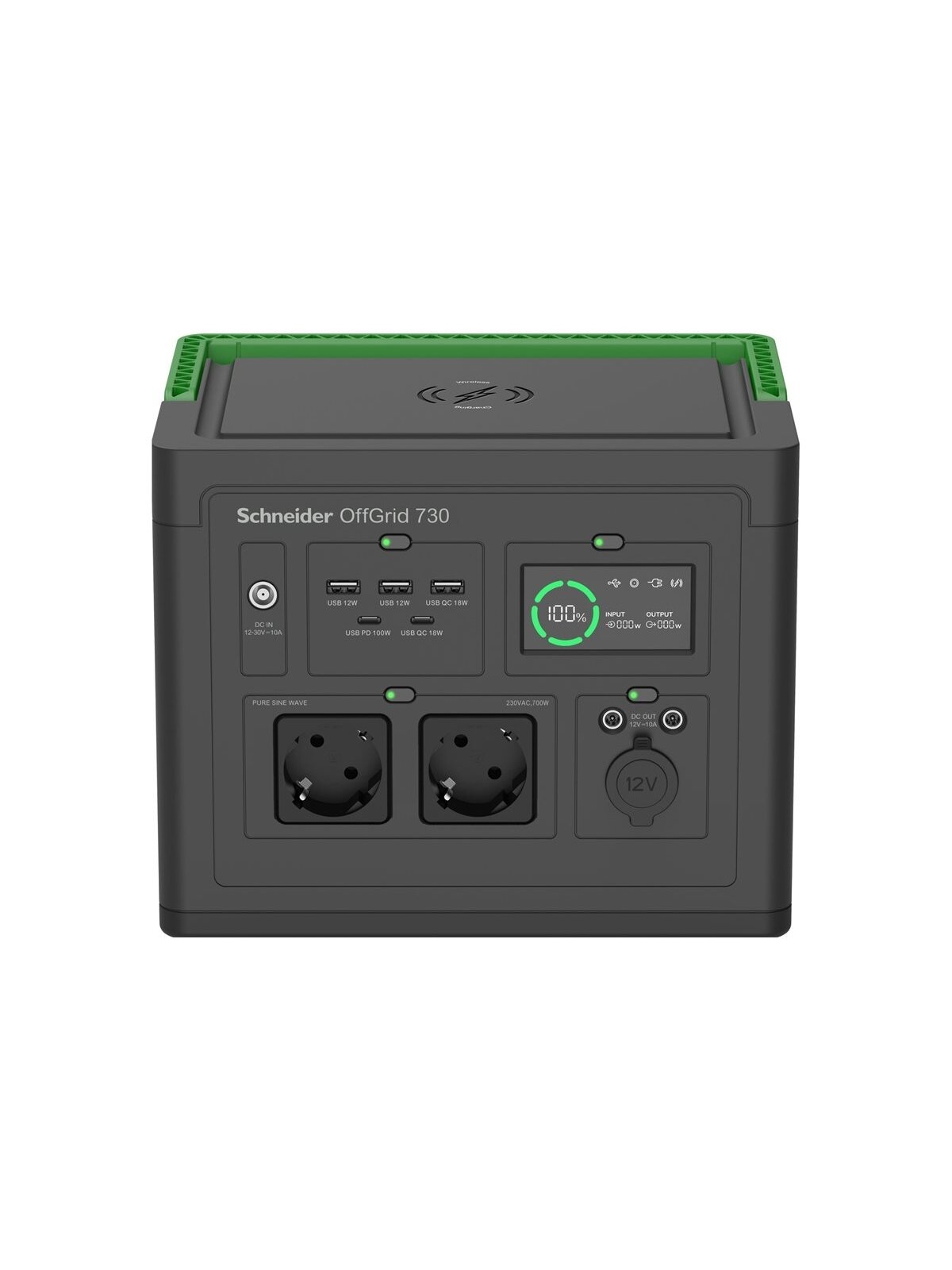 Schneider Electric OffGrid Portable Power Station 730, 738Wh Lithium-ion, LCD, 2 CEE 7/3 Schuko outlets, Sinewave, 3 USB-A, 2 USB-C, Wireless Charger | PPS730-GR Schneider Electric OffGrid Portable Power Station 730, 738Wh Lithium-ion, LCD, 2 CEE 7/3 Schuko outlets, Sinewave, 3 USB-A, 2 USB-C, Wireless Charger | PPS730-GR