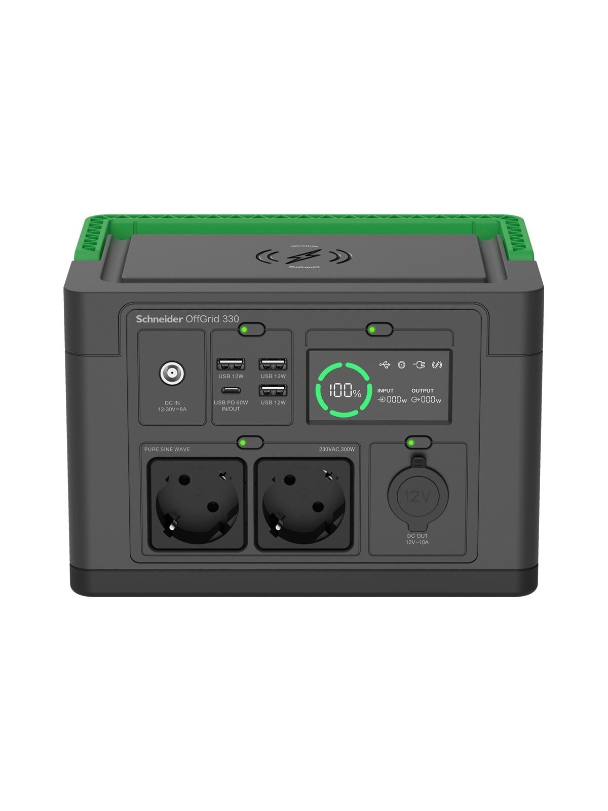 Schneider Electric Schneider OffGrid Portable Power Station 330, 230V, 332Wh Lithium-ion, LCD, 2 CEE 7/3 Schuko outlets, Sinewave, 3 USB-A, 1 USB-C, Wireless Charger | PPS330-GR Schneider Electric Schneider OffGrid Portable Power Station 330, 230V, 332Wh Lithium-ion, LCD, 2 CEE 7/3 Schuko outlets, Sinewave, 3 USB-A, 1 USB-C, Wireless Charger | PPS330-GR