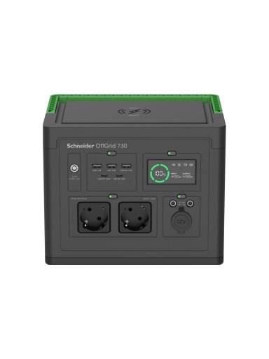 Schneider Electric OffGrid Portable Power Station 730, 738Wh Lithium-ion, LCD, 2 CEE 7/3 Schuko outlets, Sinewave, 3 USB-A, 2 USB-C, Wireless Charger | PPS730-GR Schneider Electric OffGrid Portable Power Station 730, 738Wh Lithium-ion, LCD, 2 CEE 7/3 Schuko outlets, Sinewave, 3 USB-A, 2 USB-C, Wireless Charger | PPS730-GR