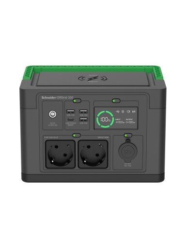 Schneider Electric Schneider OffGrid Portable Power Station 330, 230V, 332Wh Lithium-ion, LCD, 2 CEE 7/3 Schuko outlets, Sinewave, 3 USB-A, 1 USB-C, Wireless Charger | PPS330-GR Schneider Electric Schneider OffGrid Portable Power Station 330, 230V, 332Wh Lithium-ion, LCD, 2 CEE 7/3 Schuko outlets, Sinewave, 3 USB-A, 1 USB-C, Wireless Charger | PPS330-GR