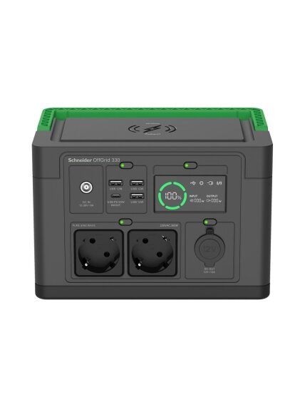 Schneider Electric Schneider OffGrid Portable Power Station 330, 230V, 332Wh Lithium-ion, LCD, 2 CEE 7/3 Schuko outlets, Sinewave, 3 USB-A, 1 USB-C, Wireless Charger | PPS330-GR