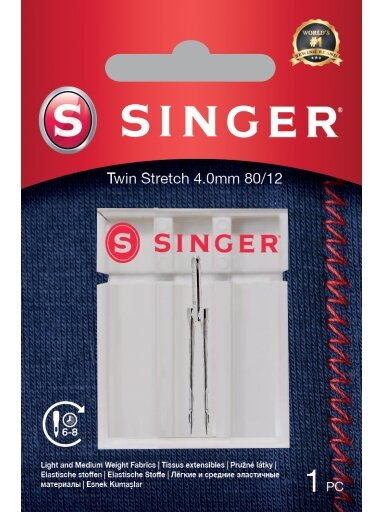 Singer | Twin Stretch Needle, Decorative, 4.0 80/12 1PK Singer | Twin Stretch Needle, Decorative, 4.0 80/12 1PK