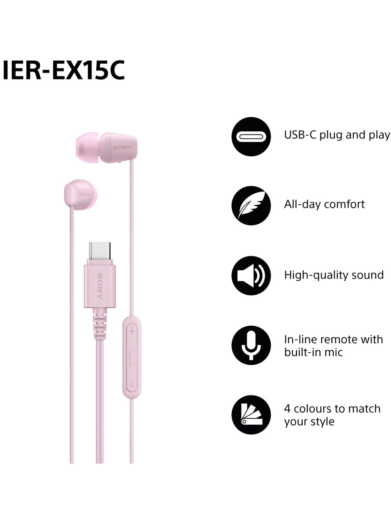 Sony Earbuds | IER‑EX15C | Wired | In-ear | Microphone | Pink 1