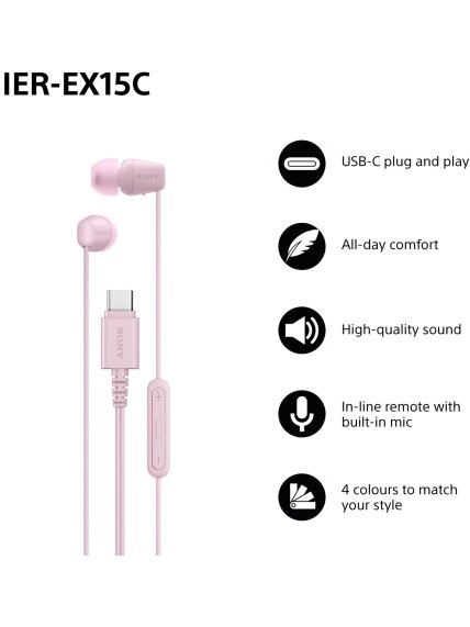 Sony Earbuds | IER‑EX15C | Wired | In-ear | Microphone | Pink 1