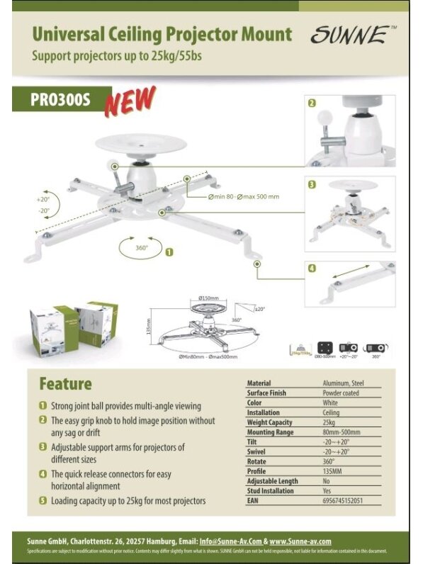 Sunne | Projector Ceiling mount | Turn, Tilt | White 2 Sunne | Projector Ceiling mount | Turn, Tilt | White 2
