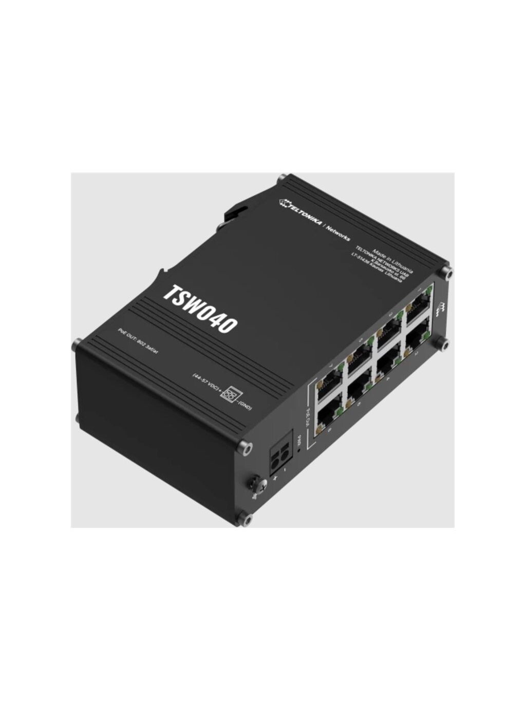 Teltonika Industrial Switch | TSW040 | Unmanaged | DIN rail mountable | 10/100 Mbps (RJ-45) ports quantity 8 | PoE+ ports quantity 8 | Power supply type 2-pin industrial DC power socket