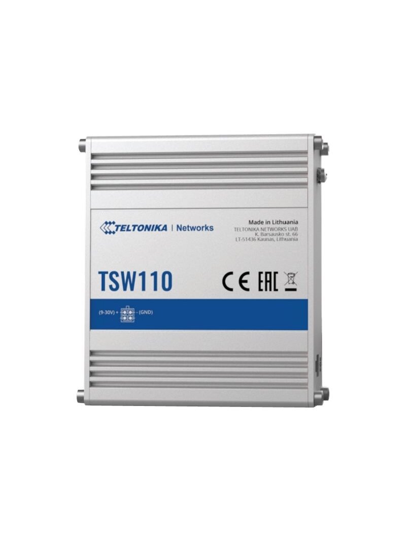 Teltonika | Switch | TSW110 | Unmanaged | Gigabit Ethernet (copper) ports quantity 5 | 10 Gbps (RJ-45) ports quantity 0 | SFP ports quantity 0 | SFP+ ports quantity 0 | Combo ports quantity 0 | PoE+ ports quantity 0 | Passive PoE ports quantity Possibilit Teltonika | Switch | TSW110 | Unmanaged | Gigabit Ethernet (copper) ports quantity 5 | 10 Gbps (RJ-45) ports quantity 0 | SFP ports quantity 0 | SFP+ ports quantity 0 | Combo ports quantity 0 | PoE+ ports quantity 0 | Passive PoE ports quantity Possibilit