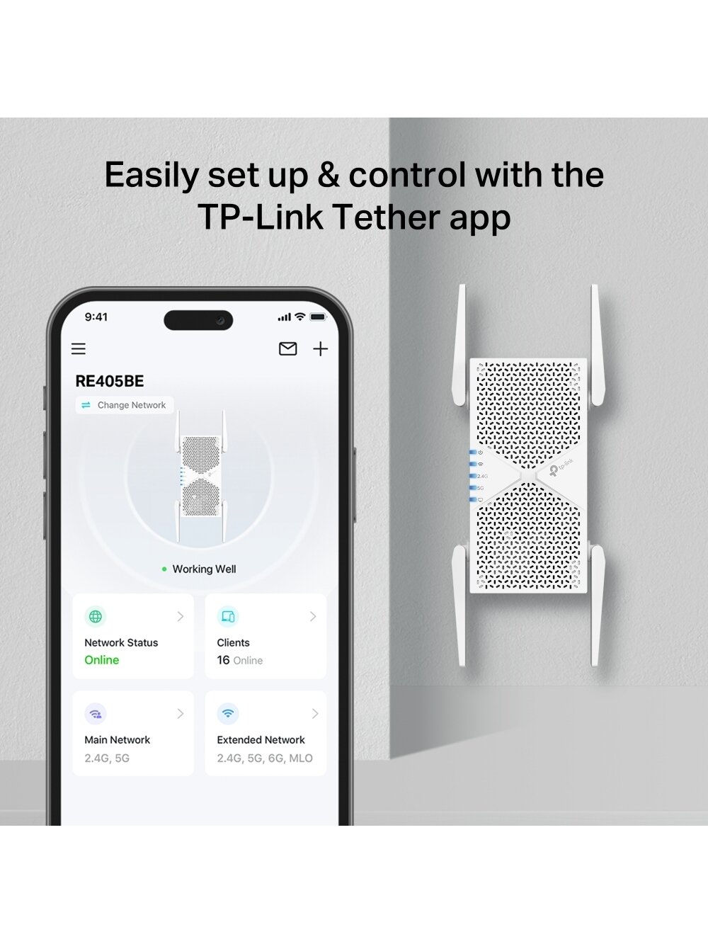 TP-LINK BE6500 Dual-Band Wi-Fi 7 Range Extender | RE405BE | 2.4 GHz, 5 GHz | 802.11ax | 688/5764 Mbit/s | Ethernet LAN (RJ-45) ports 1 | MU-MiMO No | no PoE 8