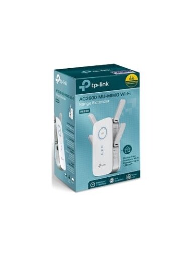 TP-LINK | AC2600 Wi-Fi Range Extender | RE650 | 802.11ac | 2.4GHz/5GHz | 800+1733 Mbit/s | 10/100/1000 Mbit/s | Ethernet LAN (RJ-45) ports 1 | MU-MiMO Yes | no PoE | Antenna type 4xExternal | No TP-LINK | AC2600 Wi-Fi Range Extender | RE650 | 802.11ac | 2.4GHz/5GHz | 800+1733 Mbit/s | 10/100/1000 Mbit/s | Ethernet LAN (RJ-45) ports 1 | MU-MiMO Yes | no PoE | Antenna type 4xExternal | No