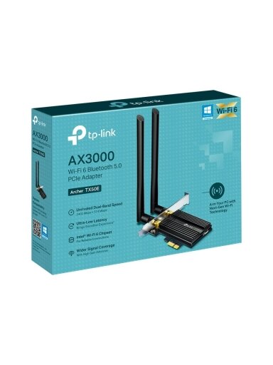 TP-LINK | Archer Wi-Fi 6 Bluetooth 5.0 PCIe Adapter | TX50E | 2.4GHz/5GHz | Antenna type 2xExternal TP-LINK | Archer Wi-Fi 6 Bluetooth 5.0 PCIe Adapter | TX50E | 2.4GHz/5GHz | Antenna type 2xExternal