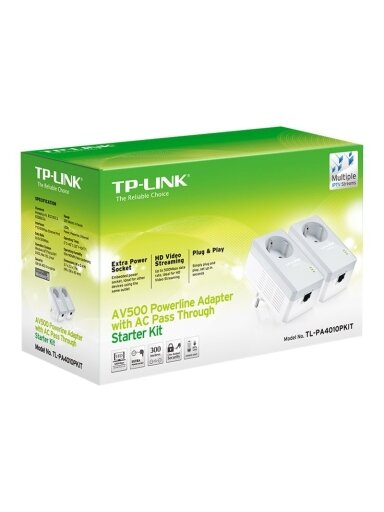 TP-LINK | Passthrough Powerline 600 Starter Kit | TL-PA4010P KIT | 10/100 Mbit/s | Ethernet LAN (RJ-45) ports 1 | Data transfer rate (max) 600 Mbit/s | Extra socket