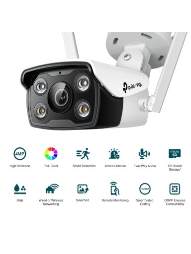 TP-LINK | VIGI 4MP Outdoor Full-Color Wi-Fi Network Camera | VIGI C340-W | Bullet | 4 MP | 4 mm | IP66 | H.265+/H.265/H.264+/H.264 | MicroSD