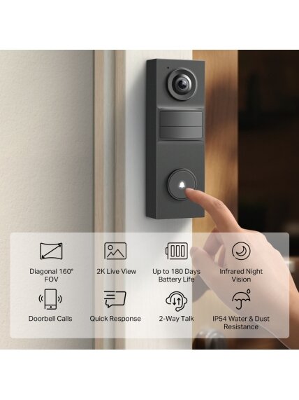 TP-LINK 2K Battery Video Doorbell | Tapo D205 | 3 MP | 2.4mm/F2.2 | IP54 | H.264 | Micro SD, Max. 512 3