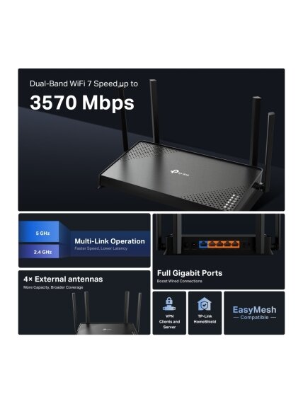 TP-LINK Archer BE220 | BE3600 Dual-Band Wi-Fi 7 Router | 802.11be | Ethernet LAN (RJ-45) ports 4 | 10/100/1000 Mbit/s | Mesh Support No | MU-MiMO No | Antenna type External | No mobile broadband 3