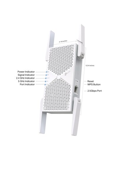 TP-LINK BE6500 Dual-Band Wi-Fi 7 Range Extender | RE405BE | 2.4 GHz, 5 GHz | 802.11ax | 688/5764 Mbit/s | Ethernet LAN (RJ-45) ports 1 | MU-MiMO No | no PoE 2 TP-LINK BE6500 Dual-Band Wi-Fi 7 Range Extender | RE405BE | 2.4 GHz, 5 GHz | 802.11ax | 688/5764 Mbit/s | Ethernet LAN (RJ-45) ports 1 | MU-MiMO No | no PoE 2