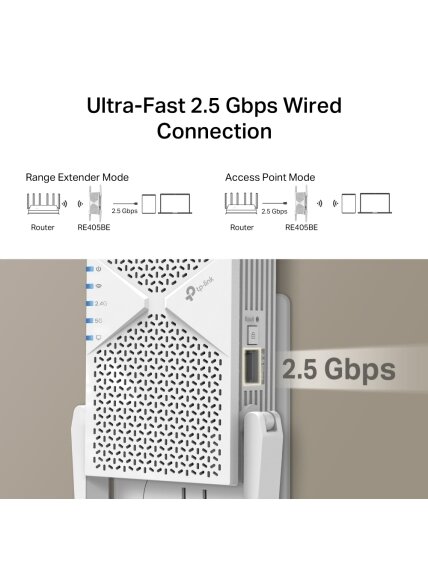 TP-LINK BE6500 Dual-Band Wi-Fi 7 Range Extender | RE405BE | 2.4 GHz, 5 GHz | 802.11ax | 688/5764 Mbit/s | Ethernet LAN (RJ-45) ports 1 | MU-MiMO No | no PoE 6 TP-LINK BE6500 Dual-Band Wi-Fi 7 Range Extender | RE405BE | 2.4 GHz, 5 GHz | 802.11ax | 688/5764 Mbit/s | Ethernet LAN (RJ-45) ports 1 | MU-MiMO No | no PoE 6