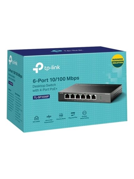 TP-LINK | Switch | TL-SF1006P | Unmanaged | Desktop | 10/100 Mbps (RJ-45) ports quantity 6 | PoE+ ports quantity 4 | Power supply type External 3 TP-LINK | Switch | TL-SF1006P | Unmanaged | Desktop | 10/100 Mbps (RJ-45) ports quantity 6 | PoE+ ports quantity 4 | Power supply type External 3