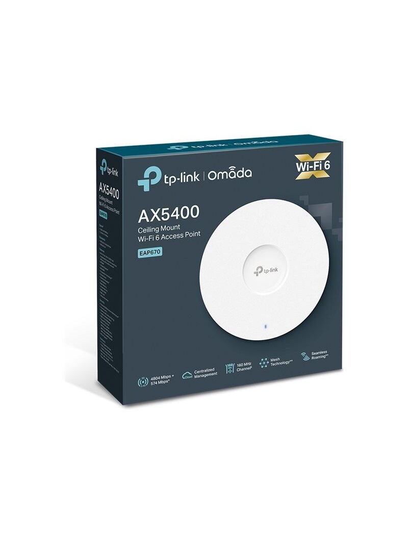 TP-LINK | AX5400 Ceiling Mount WiFi 6 Access Point | EAP670 | 802.11ax | 2.4 + 5 GHz | 574 + 4804 Mbit/s | Ethernet LAN (RJ-45) ports 1 | MU-MiMO Yes | PoE in 4 TP-LINK | AX5400 Ceiling Mount WiFi 6 Access Point | EAP670 | 802.11ax | 2.4 + 5 GHz | 574 + 4804 Mbit/s | Ethernet LAN (RJ-45) ports 1 | MU-MiMO Yes | PoE in 4