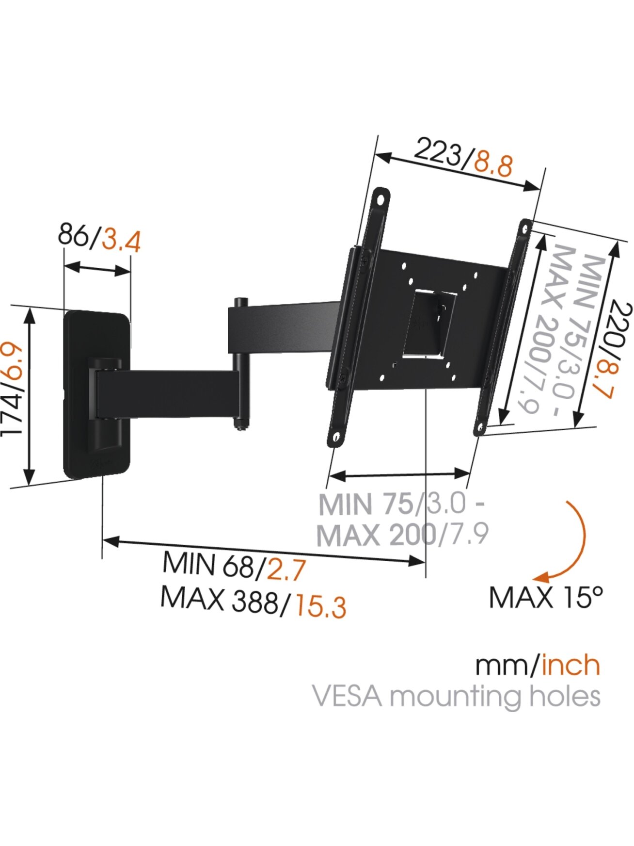 Vogels | Wall mount | MA2040-A1 | Full motion | 19-40 " | Maximum weight (capacity) 15 kg | Black 3 Vogels | Wall mount | MA2040-A1 | Full motion | 19-40 " | Maximum weight (capacity) 15 kg | Black 3