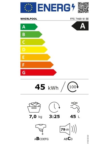 Whirlpool Washing machine | FFS 7469 W EE | Energy efficiency class A | Front loading | Washing capacity 7 kg | 1400 RPM | Depth 57.5 cm | Width 59.5 cm | Display | LED | White Whirlpool Washing machine | FFS 7469 W EE | Energy efficiency class A | Front loading | Washing capacity 7 kg | 1400 RPM | Depth 57.5 cm | Width 59.5 cm | Display | LED | White