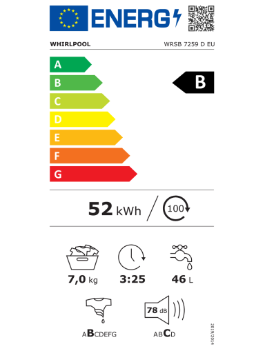 Whirlpool WRSB 7259 D EU Washing machine, B, Front loading, Washing capacity 7 kg, 1151 RPM, Depth 43,5 cm, White