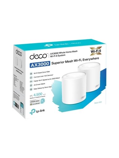 Whole Home Mesh Wi-Fi 6 System | Deco X50 (2-pack) | 802.11ax | 574+2402 Mbit/s | Ethernet LAN (RJ-45) ports 3 | Mesh Support Yes | MU-MiMO Yes | No mobile broadband | Antenna type Internal