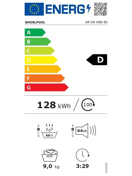 Whirlpool Dryer Machine | WP D9 WBS EE | Energy efficiency class D | Front loading | 9 kg | Heat pump | Digital | Depth 61 cm | White