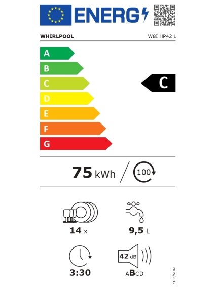 Whirlpool W8I HP42 L | Built-in | Width 60 cm | Number of place settings 14 | Number of programs 10 | Energy efficiency class C | Display | Black 10 Whirlpool W8I HP42 L | Built-in | Width 60 cm | Number of place settings 14 | Number of programs 10 | Energy efficiency class C | Display | Black 10