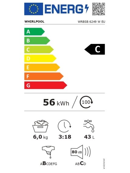 Whirlpool Washing machine | WRBSB 6249 W EU | Energy efficiency class C | Front loading | Washing capacity 6 kg | 1200 RPM | Depth 43 cm | Width 60 cm | LED | White 10